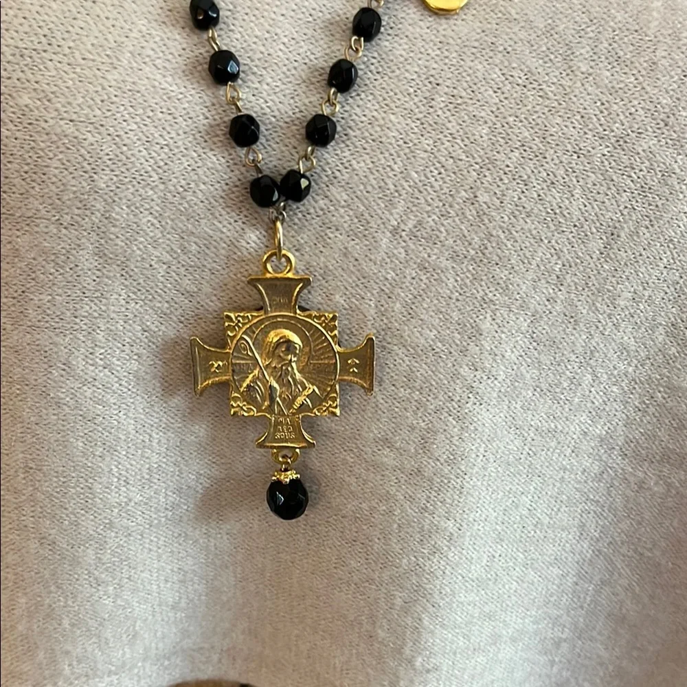 Black Onyx Bead and Gold Tone Cross and Coin Necklace - Picture 2 of 4